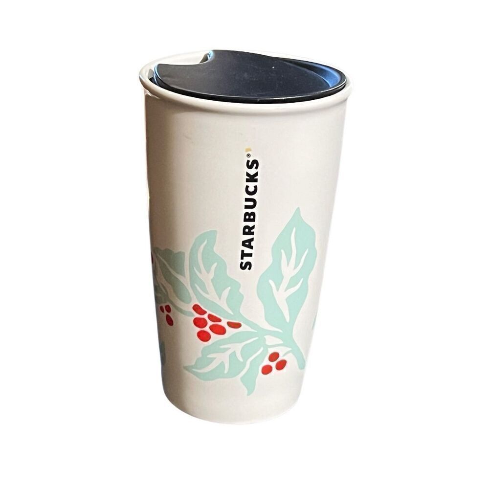 Starbucks 2018 Holiday Holly Berry Ceramic Tumbler Lid 12 Oz Travel Mug